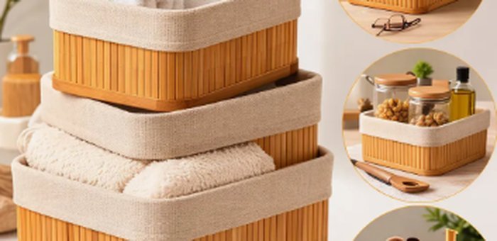 Kit de cestos organizadores de bambu com forro lavável