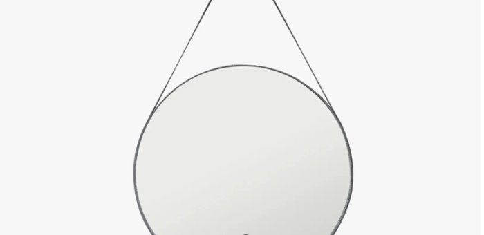 Espelho redondo decorativo com alça de couro e suporte