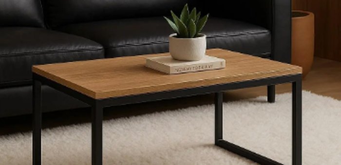 Mesa de centro industrial retangular com tampo de madeira e estrutura de ferro preto