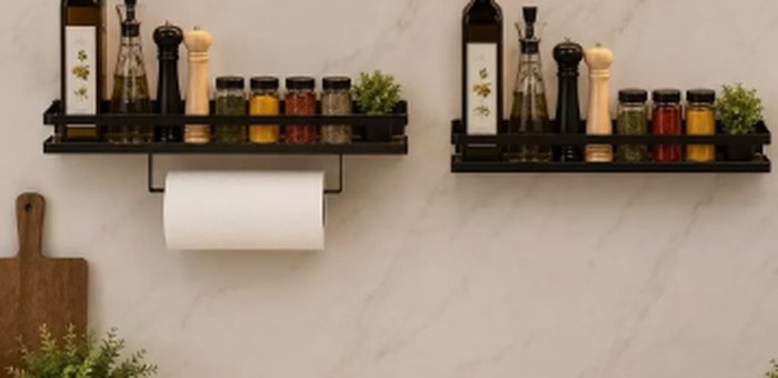 Kit de prateleiras de parede para cozinha, com suporte preto para temperos e utensílios