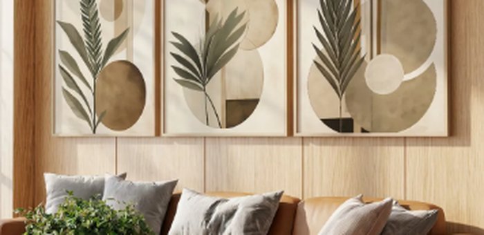 Conjunto de quadros decorativos com estampa de folhagem abstrata em tons bege, com moldura