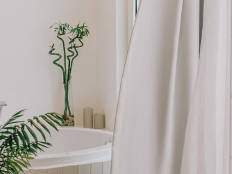 Cortina de box clara em banheiro com plantas e detalhes em tom neutro