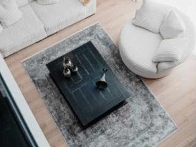 Vista de cima de sala de estar com tapete corretamente dimensionado sob sofá e mesa de centro