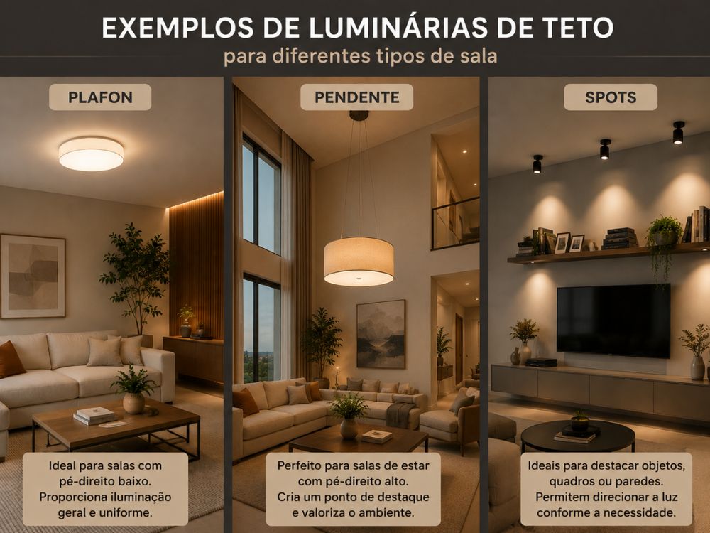 O tipo de luminária de teto muda completamente o estilo e a sensação do ambiente — escolha de acordo com o pé-direito e o tamanho da sala.