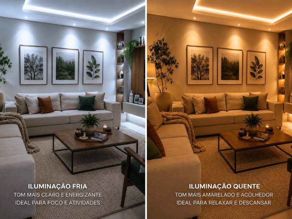 A mesma sala pode parecer dois ambientes completamente diferentes dependendo do tipo de iluminação usada.