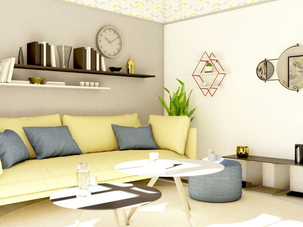 Parede com prateleiras e nichos decorativos em sala pequena