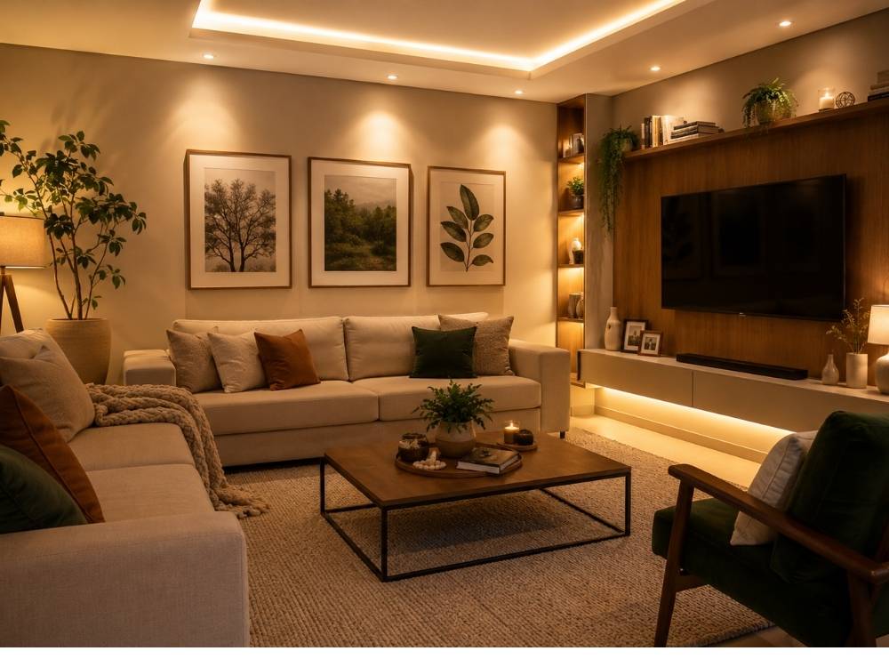 Sala-de-estar-com-iluminação-em-camadas,-aconchegante-e-bem-decorada