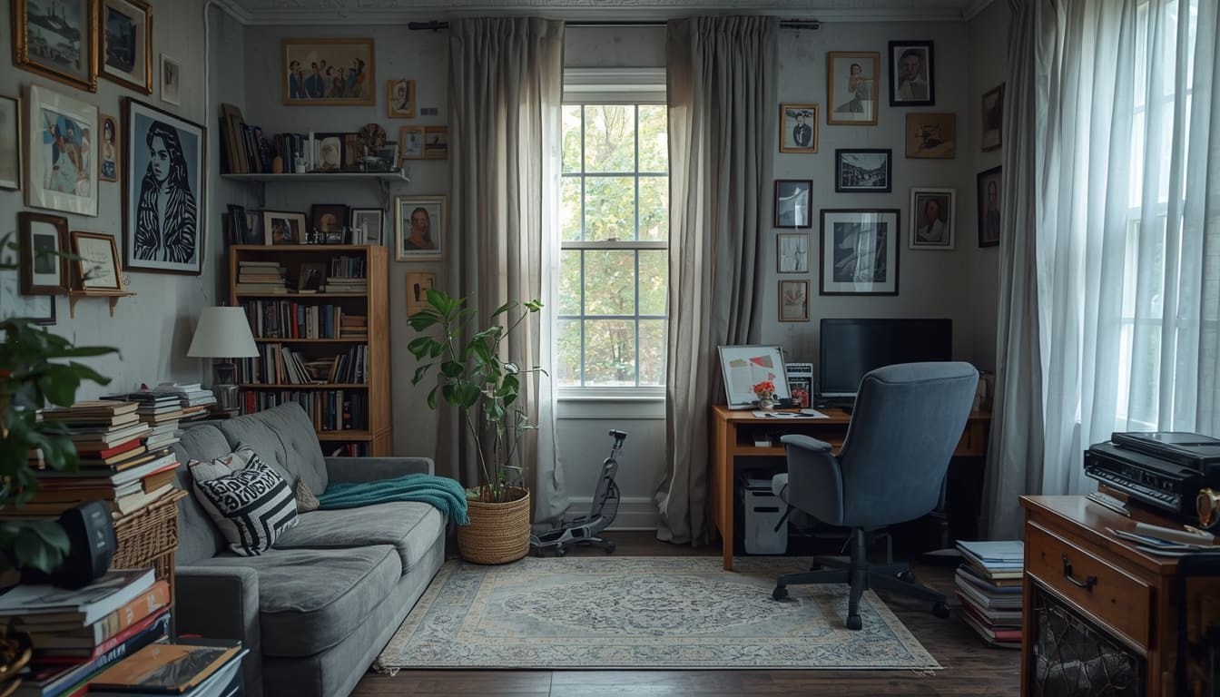 Sala pequena com decoração incorreta, visualmente carregada